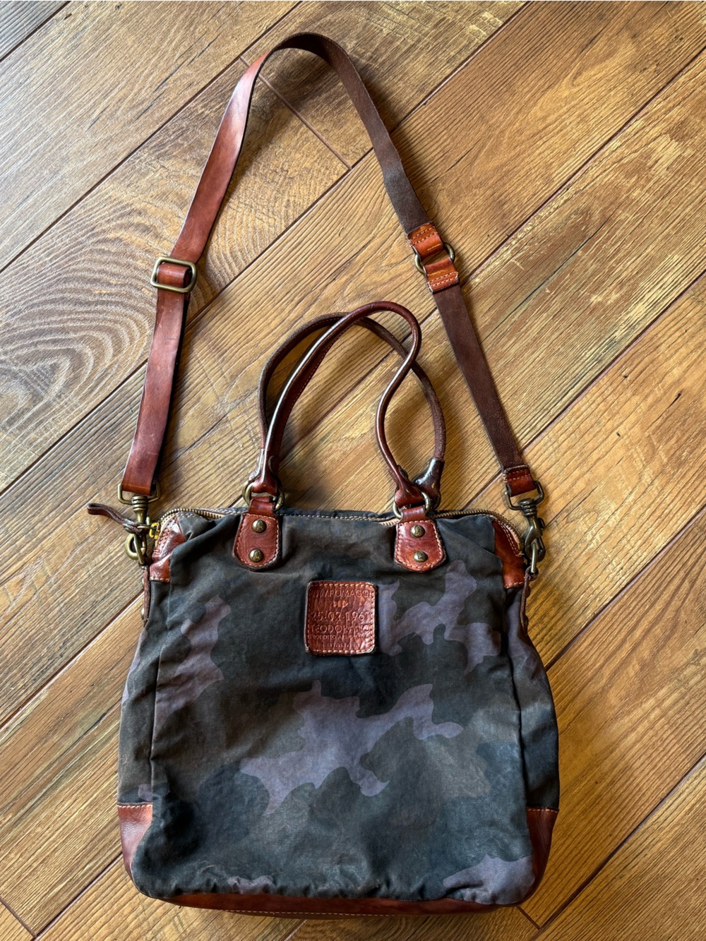 Vintage Campomaggi Teodorano camouflage canvas-and-leather handbag/tote